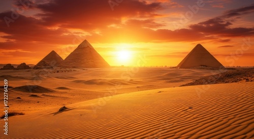 Majestic egyptian pyramids glow under a fiery sunset sky illustration
