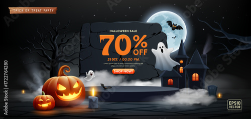 Happy Halloween Sale black podium, Night castle, pumpkin, ghosts and bat flying, banner design on full moon black background