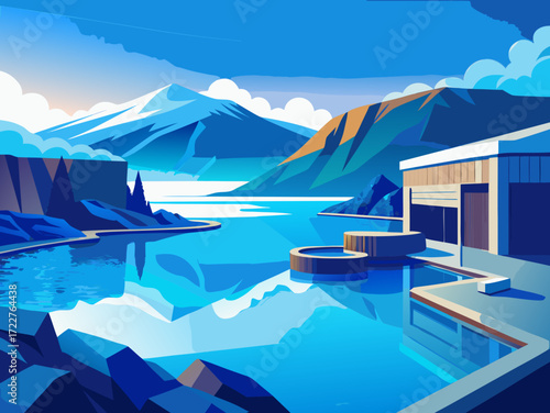blue lagoon iceland vector landscape illustration