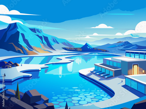 blue lagoon iceland vector landscape illustration