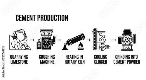 An illustration depicting the cement production process, starting with quarrying limestone and ending with grinding into cement powder.
