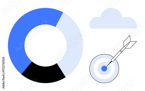 Circular chart with blue and black segments, arrow hitting bullseye on target, cloud symbol. Ideal for data insights, goals, strategy, focus, achievement, planning growth simple flat metaphor