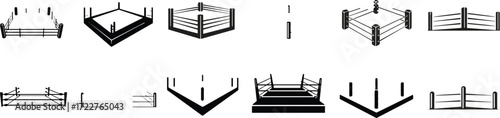Boxing ring icons, wrestling stage design, fighting arena illustration, combat sports equipment, martial arts ring vector, cad drawing flat vector illustration