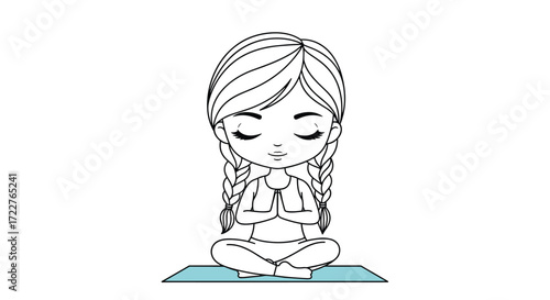 A young girl in a cross-legged pose on a mat practicing meditation and mindfulness for inner peace.