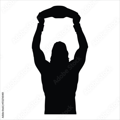 Muscular male wrestler holding championship belt above head, vector silhouette