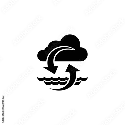 Black and white diagram depicting the water cycle, showing evaporation from water to cloud and precipitation back to water.