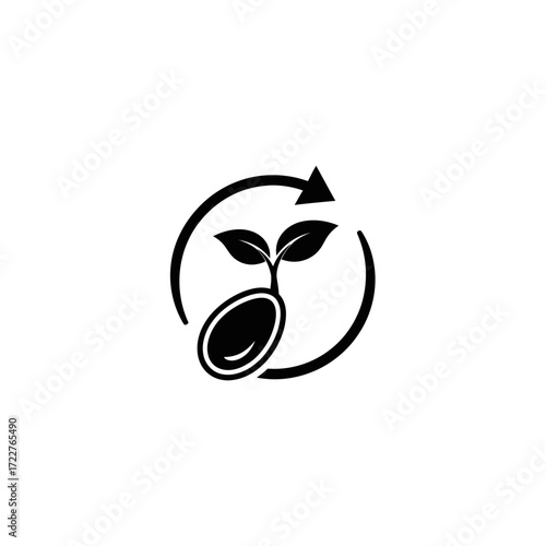 Black and white graphic of a seed sprouting with leaves, surrounded by a circular arrow indicating growth or renewal.