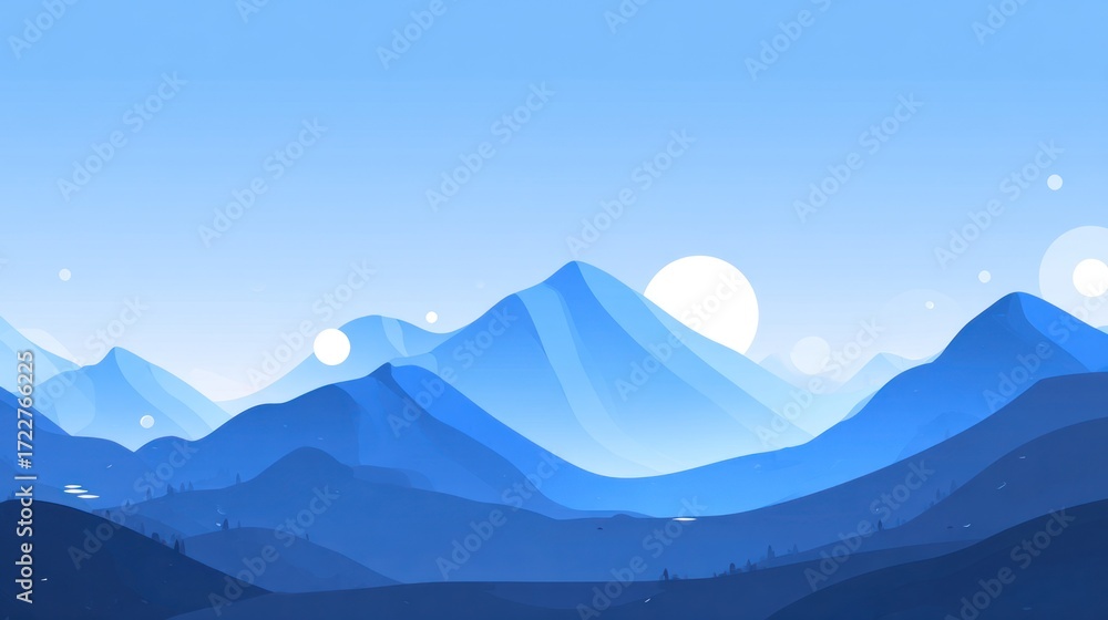 Fototapeta premium Stylized blue mountains fade into the distance, simple shapes create a peaceful scene