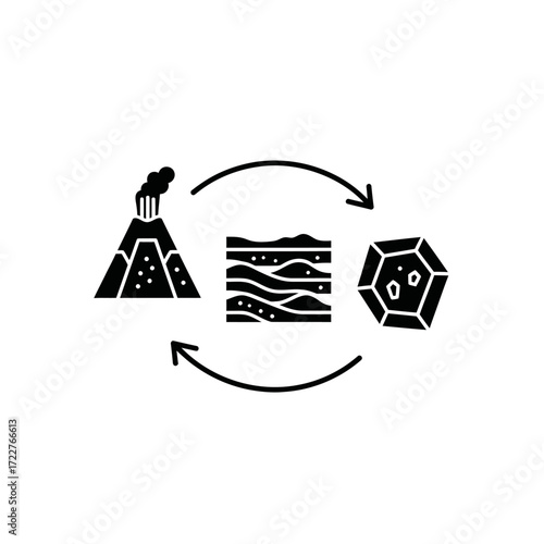 A simplified illustration depicting the rock cycle, showing volcanic eruption, sedimentation, and crystallization.