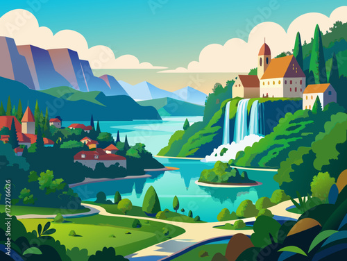 Plitvice Lakes Croatia nature landscape illustration