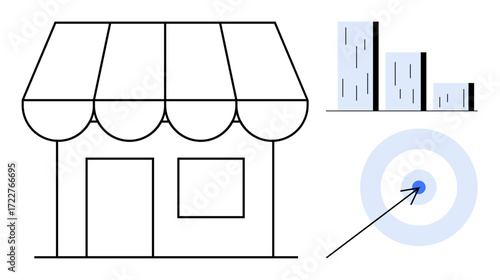 Retail shop with striped awning, growth bar chart, and bullseye target, symbolizing business growth, goals, and strategy. Ideal for marketing, startups, retail goals success planning simple flat