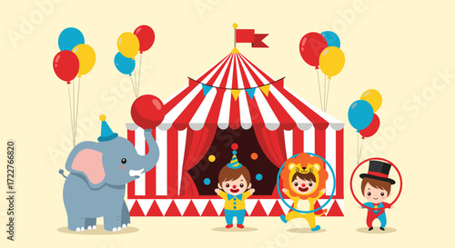 A lively cartoon illustration of a circus tent with various performers and balloons.