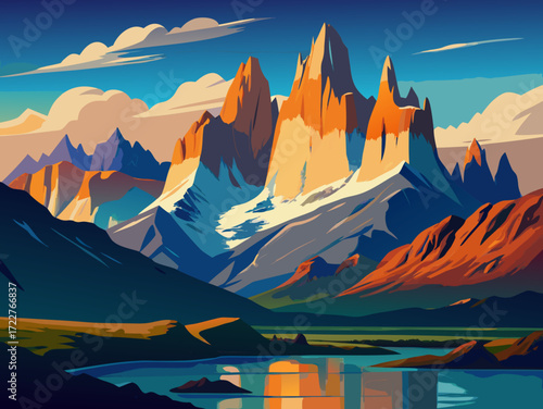 Torres del Paine Chili nature landscape illustration