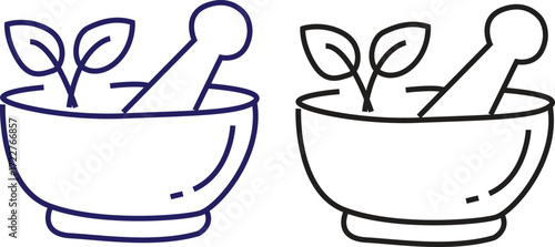 Illustration of mortar and pestle with leaves in blue and black isolated on a white background