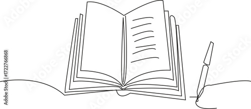 Open book with blank pages and a pen writing on the right side in a line drawing style image