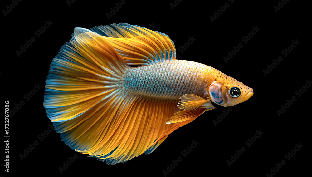 Fototapeta premium Close-Up of a Vibrant Yellow and Blue Betta Fish with Flowing Fins on a Black Background