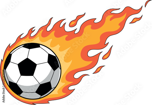 Fiery soccer ball streaks across the sky with flames trailing behind.