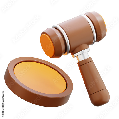 A 3D rendered icon of a wooden judge's gavel and sound block, symbolizing law, justice, and authority in a courtroom setting or an auction decision