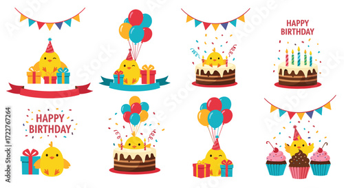 Adorable pixel art chicks celebrating birthdays with cakes and presents.