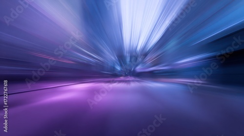 Abstract image features purple & blue hues with dynamic, blurred light rays radiating outward