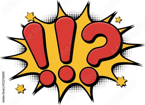 Explosive comic book style exclamation and question marks conveying surprise and confusion