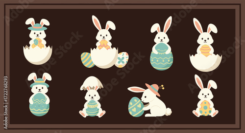 Cute cartoon easter bunnies celebrating the spring holiday with decorated eggs and spring flowers.