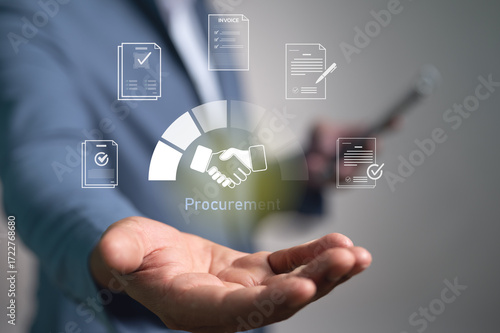 Schilderij op canvas A businessman presents a virtual procurement interface with icons for contracts, invoices, and agreements