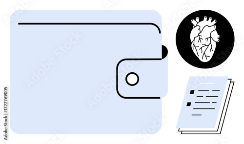 Wallet closed with clasp, scribbled document pages, black anatomical heart icon. Ideal for health expenses, budget, medical care, financial planning, insurance, healthcare systems simple flat