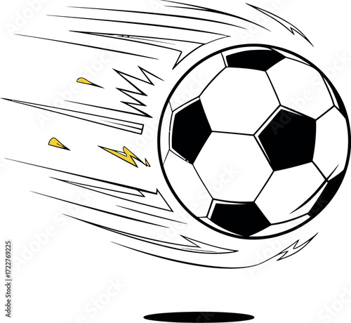 Dynamic soccer ball in motion with speed lines and lightning bolts, representing intense game action.