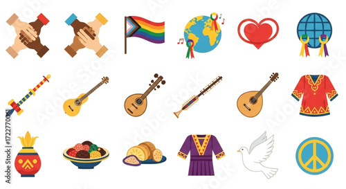 Diverse culture and symbols icon set representing unity and peace on a white background