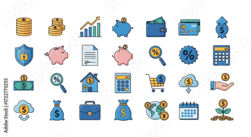 Modern financial icon set with cloud, money, and investment elements for digital and web design