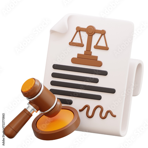 Conceptual 3D illustration showcasing legal proceedings with a signed document, a judge's gavel, and symbolic scales of justice, highlighting justice and arbitration
