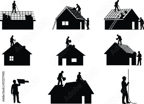 silhouette roof construction workers installing tiles house building contractor teamwork safety rope ladder roofing job architecture engineering labor renovation project repair