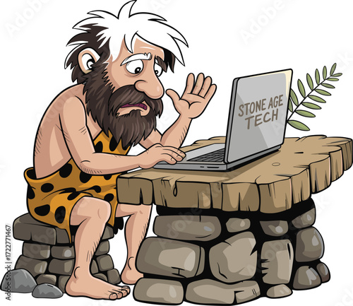 Funny caveman using laptop cartoon illustration, prehistoric man confused with technology at stone desk, humorous vector character art - cad drawing flat vector illustration