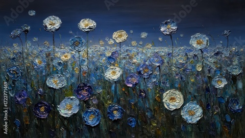A field of blue and white flowers under a dark blue sky, creating a serene and dreamy landscape with a touch of artistic flair