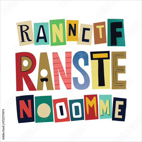 Colorful collage letters spell 'ranette ranste noodomme' in fun playful font design