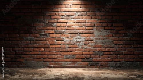 Fototapeta Naklejka Na Ścianę i Meble -  Brick wall lit from above. Concrete floor with weathered texture. Spotlit scene