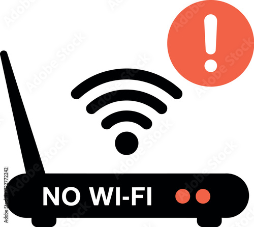Frustration with no Wi-Fi signal from a router, indicated by an exclamation mark.