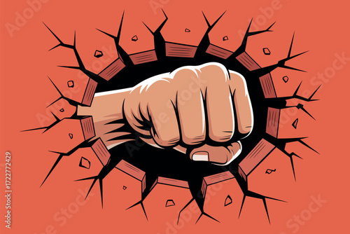 Powerful fist breaks through cracked wall, symbolizing strength and determination.