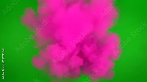 Neon pink smoke explosion isolated on green screen background. Perfect for VFX, motion graphics, compositing, video editing, cinematic transitions, and creative visual effects.