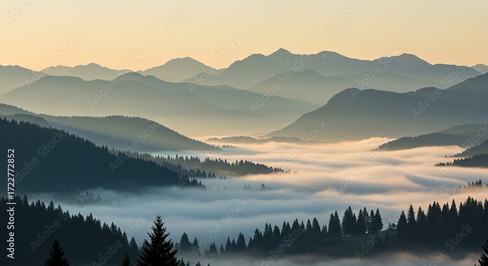 Fototapeta premium Serene mountain layers shrouded in morning mist with golden sunrise glow
