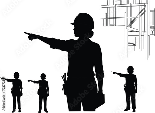 silhouette female construction engineer architect pointing direction building site project management leadership teamwork instruction safety supervisor design control planning development guidance