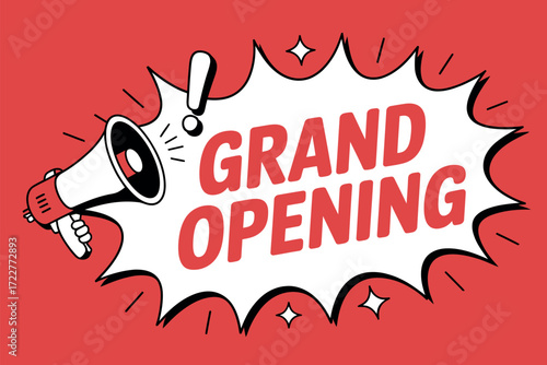 Exciting announcement of a grand opening with a megaphone and vibrant speech bubble.