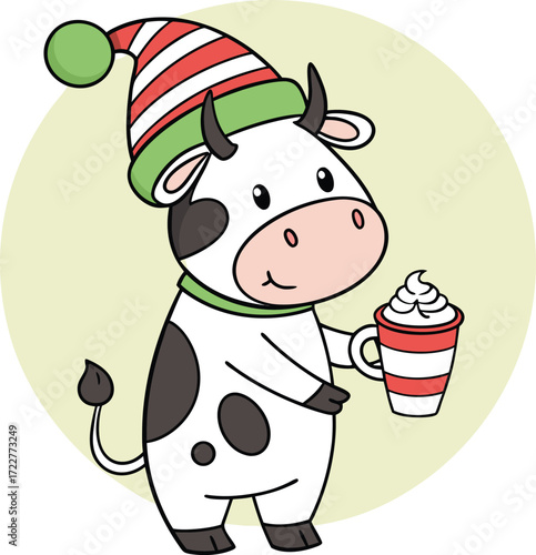 Vector art of cute cartoon cow wearing a festive christmas hat and holding a cup of hot chocolate with whipped cream