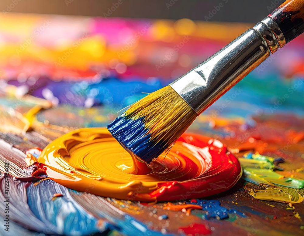 Fototapeta premium Vibrant Paintbrush on Colorful Palette