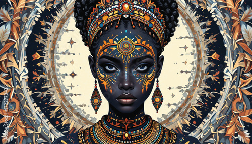 Vector illustration of African tribal woman with face paint and cultural ornaments, AI Generate 
