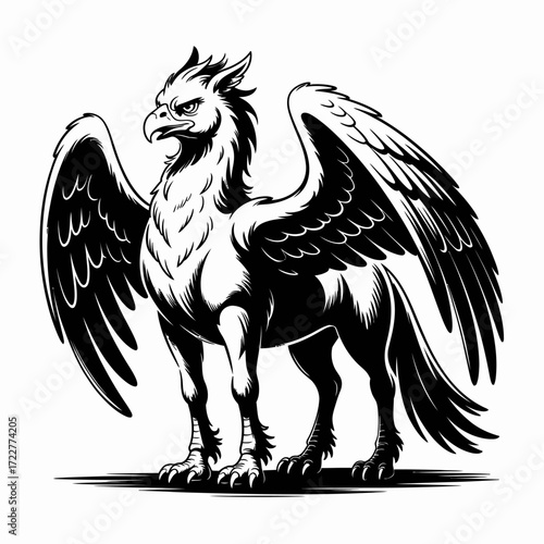 Black and White Vector Illustration of Griffin with Spread Wings | Stylized Mythological Griffin Drawing | Griffin Icon Artwork for Stock Graphics