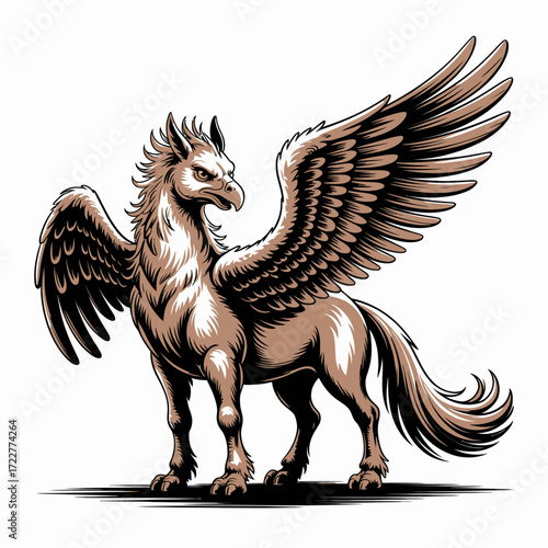 Stylized Griffin Vector Illustration with Eagle Head and Wings | Fantasy Griffin Drawing with Horse Body | Legendary Creature Artwork for Stock Graphics