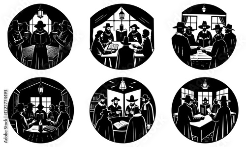 Illustrations of jewish men reading and studying in various settings