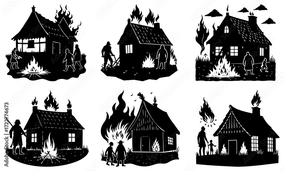 Obraz premium Six illustrations of burning houses with people in black and white style